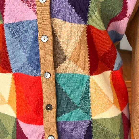 Neiman Marcus M cashmere cardigan geo pattern multicolors - Picture 3 of 8